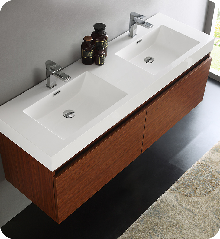 59 Teak Wood Freestanding Double Bathroom Vanity with Top Vessel Sink