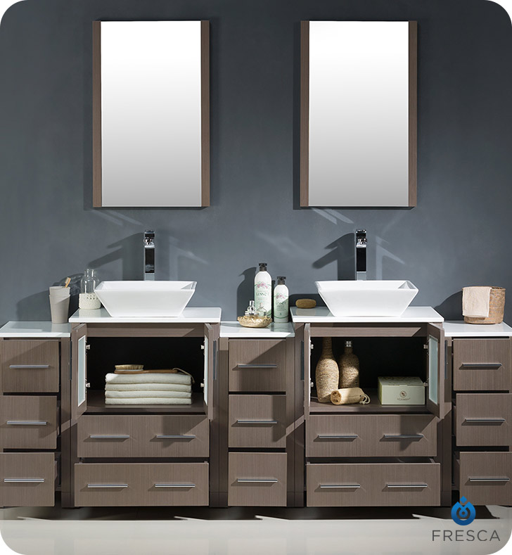 Fresca Torino 72 Gray Modern Double Sink Bathroom Vanity w/ Side Cabinet & Vessel Sinks